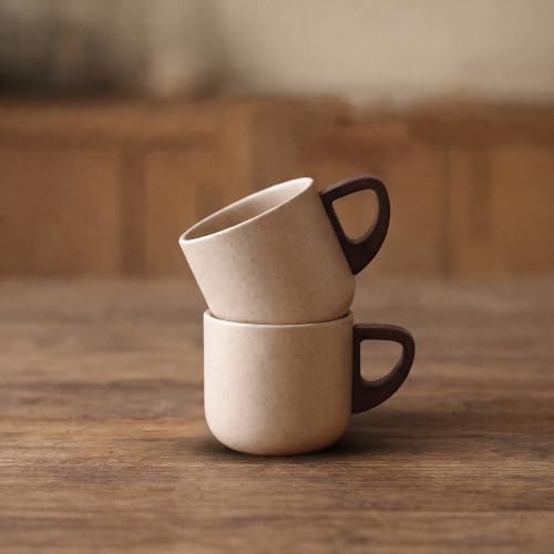 Artizan Handcrafted Ceramic Espresso Cup with Wooden Handle – 150 ml Small Espresso Cup, Rustic Speckled Sandstone Coffee Cup – Pack of 2 - Image 6