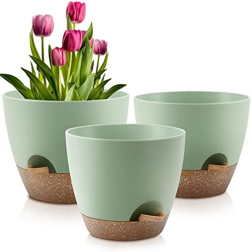 QRRICA Plant Pots 10/9/8 Inch Self Watering Pots, Set of 3 Plastic Planters with Drainage Holes and Saucers,Plastic Flower Pots,Nursery Planting Pot for Indoor Out Door Plants（Green） by QRRICA