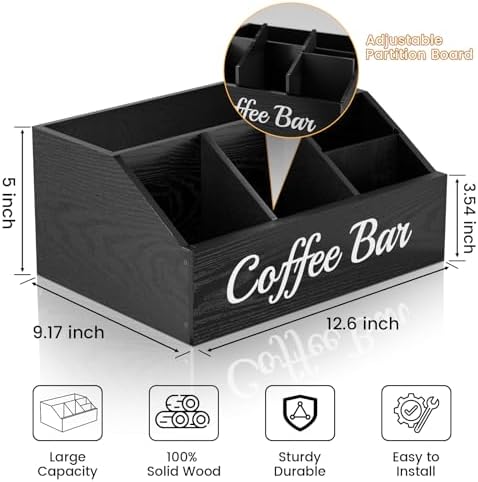 Coffee Station Organizer for Countertop – Wooden Coffee Bar Organizer with Adjustable Dividers,Holds K Cup Pod & syrup bottles, for Kitchen, Office, or Bar and Tea Station, Black - Image 4