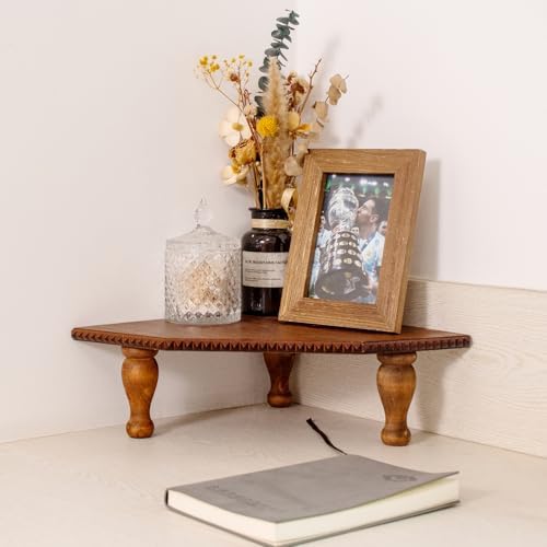 OKSQW Wood Corner Counter Shelf Framehouse Decorative Tray Stand for Kitchen Bathroom Riser Organizer Coffee Bar Display Shelf with Detachable Legs (DarkBrown) - Image 6