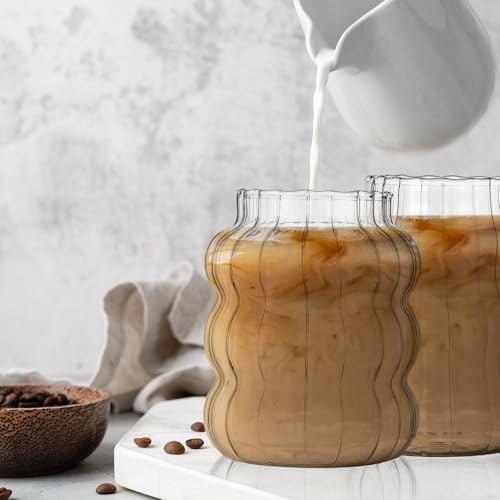 MAQUITA 4 Pcs Ribbed Glass Cups with Glass Straw, Cute Aesthetic Vintage Drinking Glasses, Wave Shape Design Bubble Cups for Iced Coffee Juice Cocktails Tea Milk - Image 5