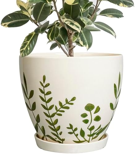 MPotTo 10 Inch Plant Pot - Ceramic Planter for Indoor Outdoor Flowers, Decorative Round Indoor Flower Pot with Drainage Hole and Saucer, Plant Lover Gifts, Garden Patio Home Office Decor, White by MPotTo