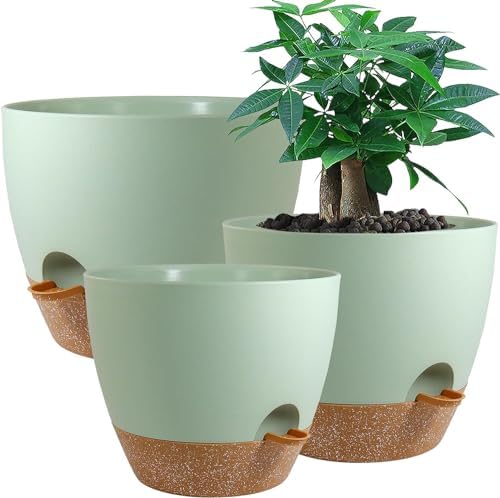 UOUZ Large Self Watering Pots, 12/10/9 Plastic Planters with High Drainage Holes and Deep Reservoir for Indoor Outdoor Garden Plants and Flowers, Green with Brown by UOUZ