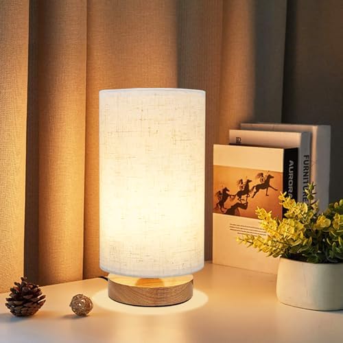 Small Bedside Table Lamp for Bedroom, Minimalist Wood Base & Round Fabric Shade, Mini Cute Cozy Warm White Nightstand Boho Lamp, Study Desk Night Stand Light for Room, Dorm, Nursery, Living Room by UCHENTON