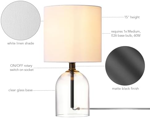 Globe Electric 15-Inch Table Lamp, Glass Base, Matte Black, White Linen Shade, Rotary Switch on Socket, 61000141 - Image 5