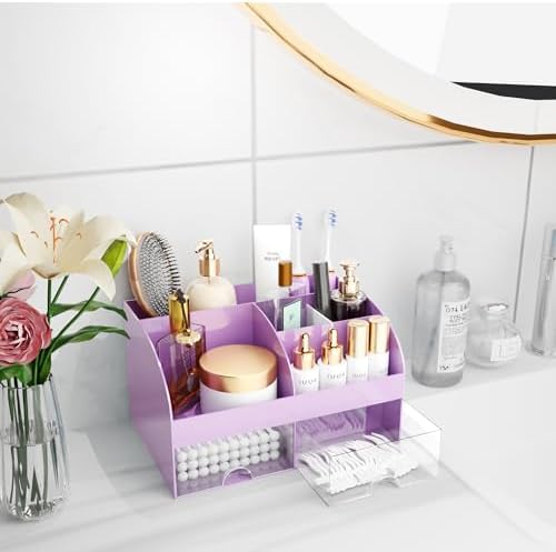 Makeup Organizer with Drawers, Cosmetic Storage for Dresser Vanity and Bathroom Countertop, Beauty Holder for Lipstick Brush, Skincare Organizer for Vanity, Cosmetic Display Case (Purple) - Image 6