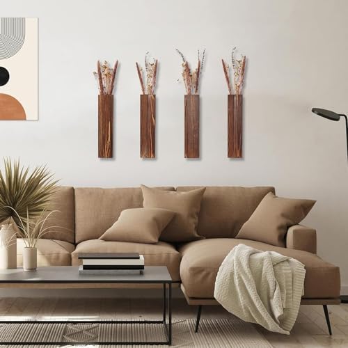 Wooden Wall Planter Set of 4 - Modern Home Decor for Living Room, Bedroom, Bathroom - Walnut Finish Planter for Dried Flowers, Faux Greenery, Indoor Plants - Image 3