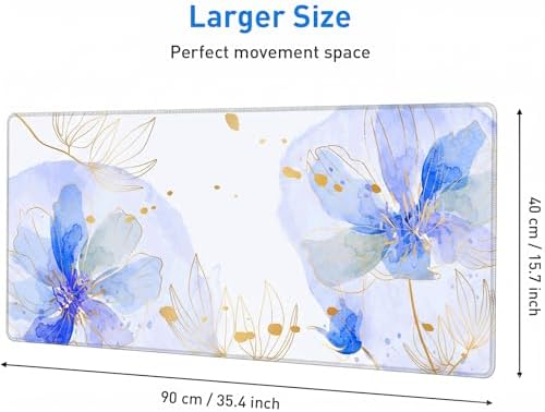 Blue Desk Mat, Aesthetic Floral Large Mouse Pad, 35.4 x 15.7 Inch XXL Keyboard Mat Non-Slip Waterproof Desk Pad, Full Desk Protector for Women Office Home - Image 3