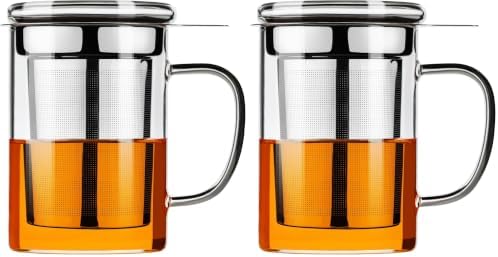 PARACITY Tea Cup, Borosilicate Clear Tea Mug with Removable Stainless Steel Infuser and Lid, Tea Cup 15oz/450ml Stove Safe, Glass Teas Cups for Loose Tea, Gift for Family and Friends (Pack of 2) by PARACITY