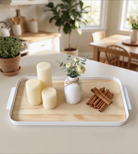 Wooden Tray with Iron Frame & Handles, 14 * 6.5 * 1.3 in Light Yellow Rectangle Serving Platter, Decorative Snack Tea Tray, Candle Holder, Food Storage Organizer, Home Kitchen Dining Table Decor - Image 5
