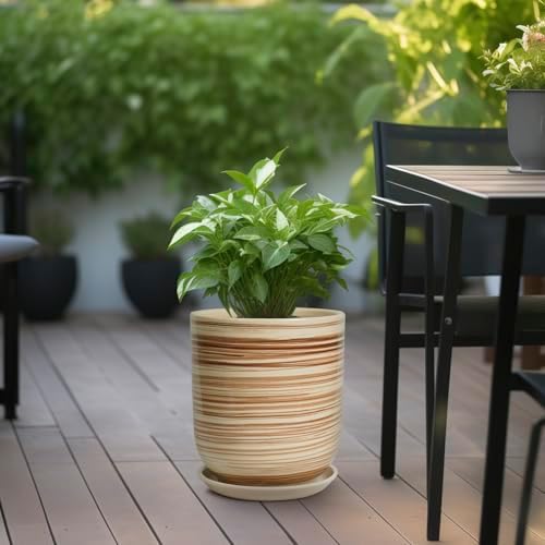 Ceramic Planter 10 Inch - Ceramic Pots for Indoor Plants Outdoor Large Plant Pot with Drainage Hole and Saucer Cylinder Flower Pot Yellow - Image 2