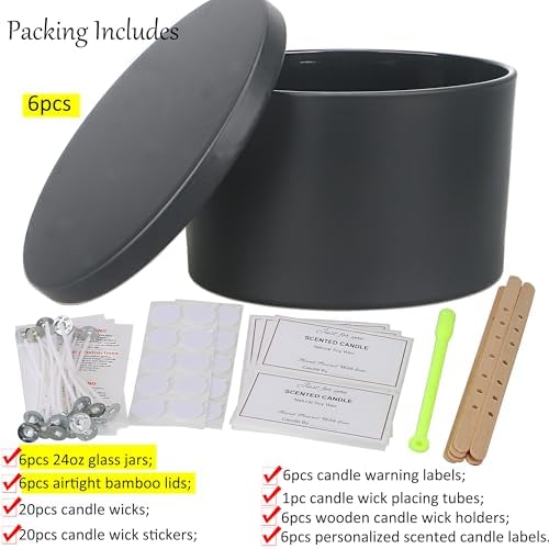 MILIVIXAY 6 Pack 24 oz Candle Jars with Metal Lids and Candle Making Kits - 3 Wick Candle Jars, Bulk Matte Black Thick Glass Containers for Large Candles - Spice, Powder Container. - Image 2