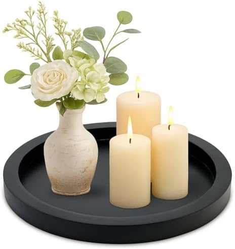 Black Round Wood Decorative Tray for Coffee Dining Table Centerpiece Decor by Ayiaren