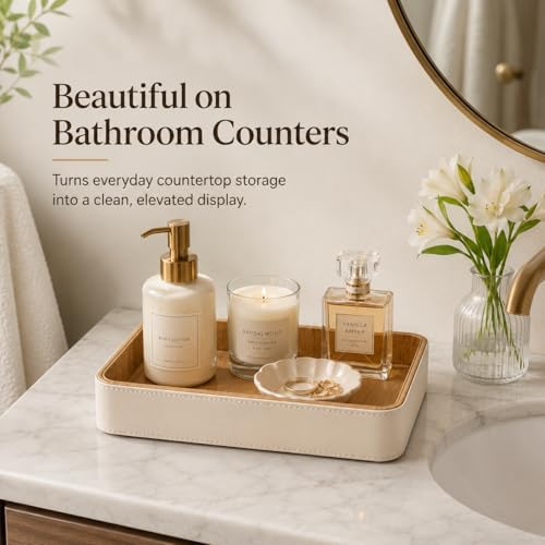 GORESE Rectangle Perfume Tray for Dresser, PU Leather Jewelry Tray for Vanity, Cream White & Wooden - Image 5