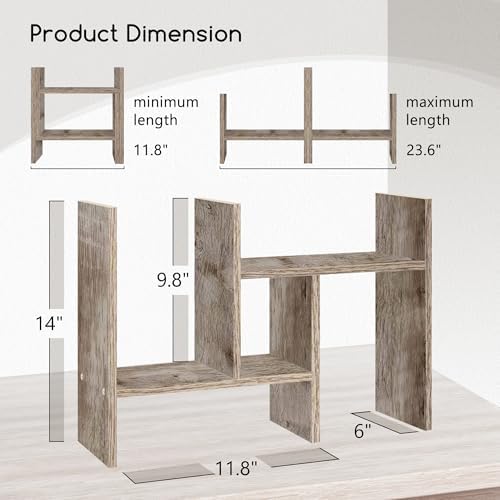 Jerry & Maggie Desktop Organizer Office Storage Rack Adjustable Wood Display Shelf Free Style Double H, Multi-Functional Mini Bookshelf for Desk Natural Stand (Gray Oak) - Image 2