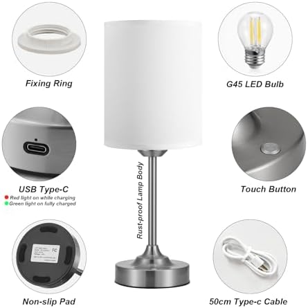 Touch Control Cordlss Table Lamp, USB-C Rechargeable Lamp with Stepless Dimming, 4000mAh Battery Operated Bedside Lamp for Bedroom, Living Room, Night Light & Emergency Lighting, Silver, 2 Pack - Image 6