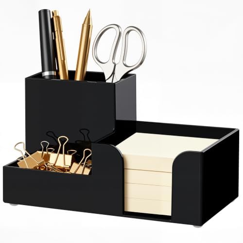 HBlife Acrylic Pen Holder for Desk, 3-Compartment Small Desk Organizer, Black Office Supplies Desk Accessories with Sticky Notes Holder Stores Post It Notes 3X3 for Office, Home and School by HBlife