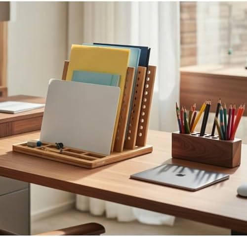 Bamboo Desk Organizer Set – 3-Tier File Holder with Magnetic Board + Solid Wood Pen Holder Cup | Stylish Office Desk Organization System - Image 2