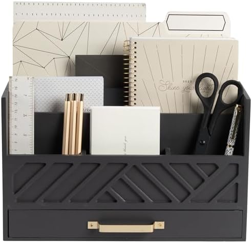 BLU MONACO | Wooden Mail Organizer with Drawer Gold Handle | Mail Sorter Organizer Countertop and Outgoing Mail Holder | Tabletop Organizer with Drawers Grey Desk Storage by Blu_Monaco