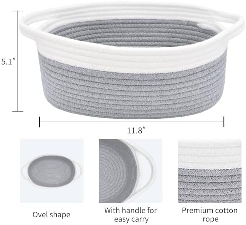 ABenkle Small Basket with Handles, Boho Decorative Rope Woven Dog Cat Toy Storage Bin Shelf Storage Organizer, Easter Christmas Gift Basket, 12"x8"x5", Grey - Image 2