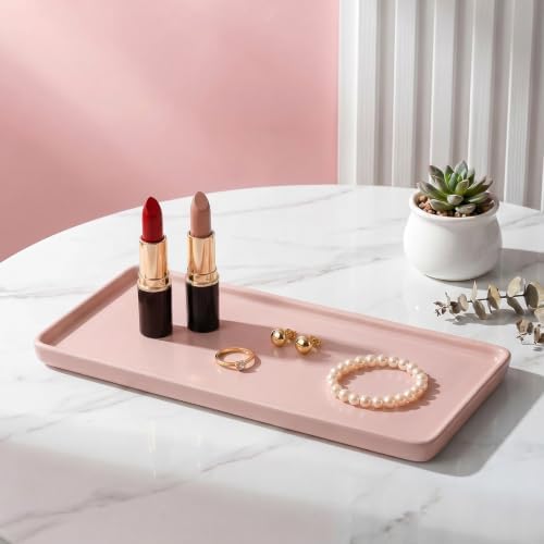 8″ x 3.7″ Ceramic Vanity Tray, Decorative Rectangular Organizer for Bathroom Countertop, Dresser Top, Kitchen & Bathtub, for Soap, Perfume, Candle, Jewelry & Cosmetics (Pink) - Image 2