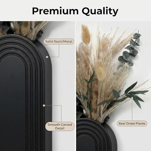 Set of 2 Wooden Wall Vases with Dried Pampas Grass & Eucalyptus, Boho Farmhouse Decor for Living Room, Entryway, Bathroom, Rustic Home Art(Black) - Image 3