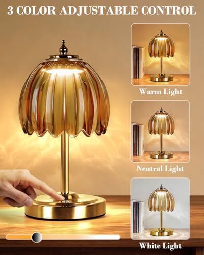 WERFOP Cordless Rechargeable Glass Flower Table Lamp (Amber) - Image 3