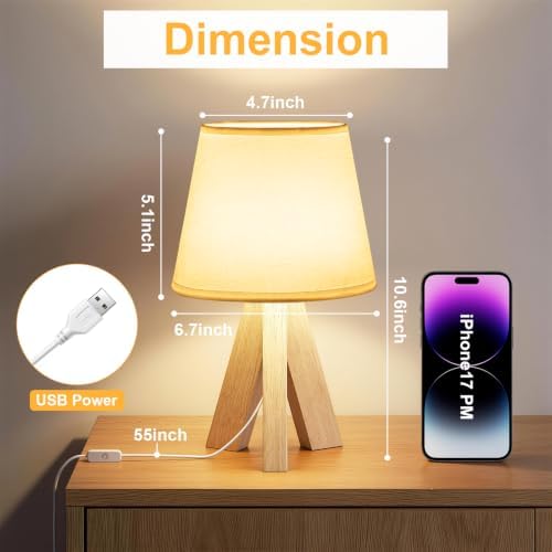 Tripod Table Lamp Small Bedside Lamp with White Fabric Shade, Mid Century Modern Nightstand Lamp for Bedroom Living Room Office Nursery, Wooden Legs(Cone) - Image 4