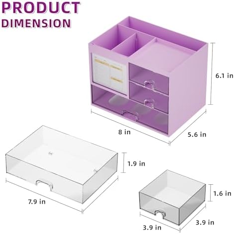 Marbrasse Desk Organizer with 3 Drawer, Multi-Functional Pencil Pen Holder, Desk Organizers and Accessories with 4 Compartments,Desktop Organizer Storage for Office Home Art Supplies (Purple) - Image 3