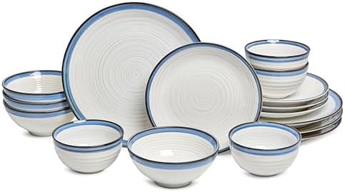 Sango Siterra Santorini 16-Piece Stoneware Dinnerware Set for 4, Ceramic White Plates and Bowls Sets with Blue Rim & Reactive Glaze, Chip Resistant Dish Set, Microwave & Dishwasher Safe Kitchen Dishes by Sango