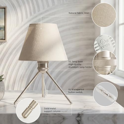 Modern Table Lamp Small Bedside Lamp Metal Linen 13.8 Inches, Soft Light (3000K), Simple Style Design, Button Switch, Suitable for Nightstand Bedroom Lamp, Study and Dormitory (Nickel) - Image 3