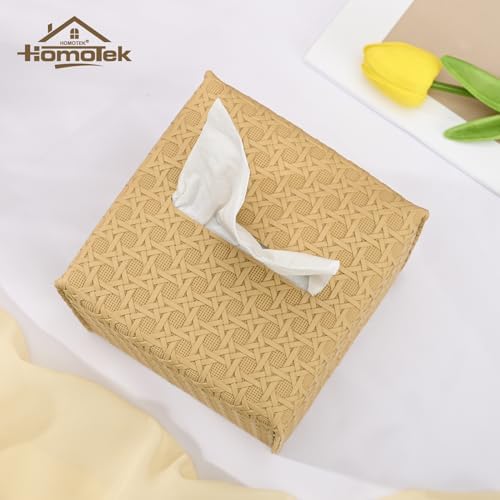 HOMOTEK 1 Pack Tissue Box Cover, Square PU Leather Tissue Holder, Decorative Facial Tissue Cube Paper Organizer Dispenser for Bathroom, Night Stands, Desk, Car 5X5X5'' - Rattan Weave, Camel - Image 2