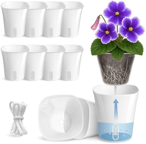 10 Pack 3" Self Watering Pots for Indoor Plants, Clear Inner Cup, Small White Plastic Planters, Water Level Indicator, Drainage Holes, Extra 3ft Wick, Cuttings,Seedlings,Herb,African Violet by Vandorelle