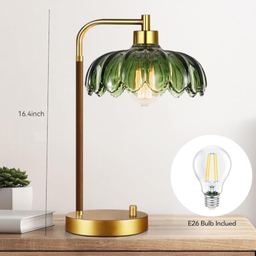 ILLMTW Vintage Table Lamp for Bedroom Living Room,Small Bedside Lamps Dimmable Bedroom Lamp with Glass Green Flower LampShade,Mid Century Modern Mini Nightstand Lamp Gold Boho Side Table Lamp - Image 6