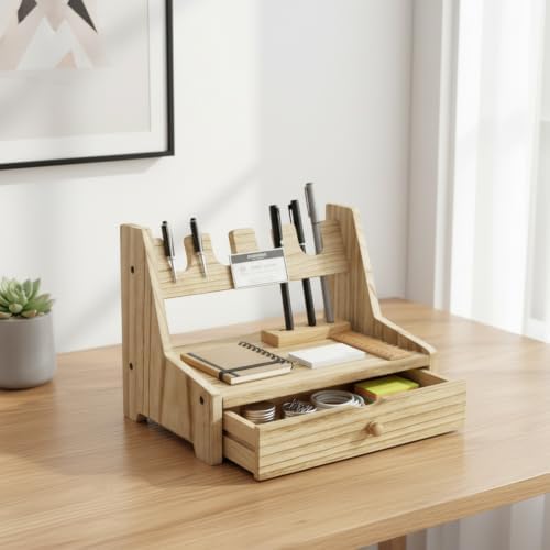 Solid Wood Desktop Organizer with Drawer, Compact Desk Caddy for Pens & Accessories, Space-Saving Display Rack for Home Office (Brown) - Image 2