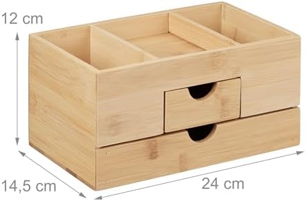 Relaxdays Bamboo Desk Organiser, 2 Drawers, 3 Compartments, H x W x D: 12 x 24 x 14.5 cm, Office Organiser, Natural - Image 4