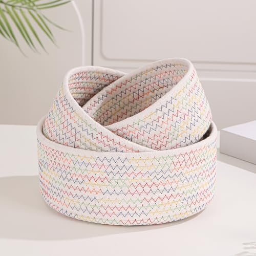 Small Basket Cotton Rope Woven Baskets for Organizing Cute Mini Tiny Baskets for Nursery Decorative Boho Round Storage Bathroom Organization Bin Open Storage Bins (Colorful white) - Image 5
