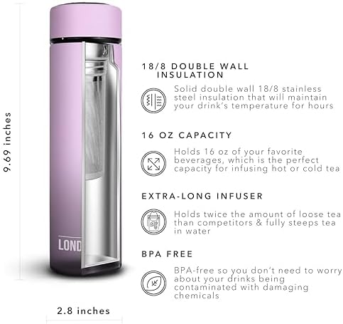 London Sip Multi-Purpose Tea Infuser Travel Mug and Tumbler Fruit Infuser Flask Hot and Cold Double Wall Stainless Steel Thermos with Extra-Long Infuser, Gentle Lilac - Image 2