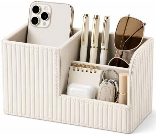 KINGFOM Desk Pen Organizer Office Supplies Caddy Pu Leather Multi-function Storage Box Pen/Pencil,Cell phone, Business Name Cards Remote Control Holder (Ivory White) by KingfomLeatherHomeOfficeDecor