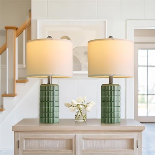 PoKat 20.75" Small Modern Ceramic Table Lamps Set of 2 for Bedroom, Green Bedside Lamps for Night Stands, Farmhouse House Decor Nightstand Table Lamps for Living Room End Table Green by Pokat