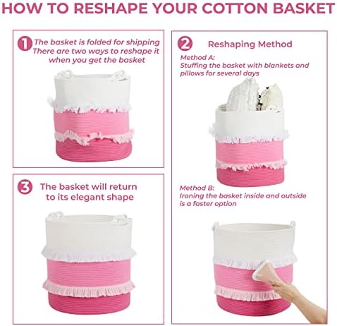CherryNow 60L Woven Rope Baby Basket with Tassel, 17" x 16", Pink - Image 7