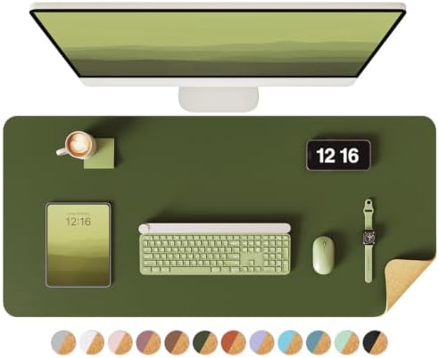 YSAGi Double-Sided Desk Pad, 35.4"x17"Leather Desk Mat, Eco Cork Desk Pad Protector,Large Mouse Pad,Waterproof Desk Blotter for Office/Home(Olive Green) by YSAGi