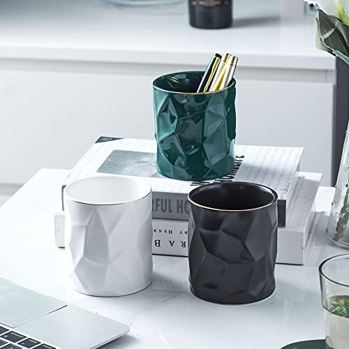 Ceramic Irregular Round Pen Holder For Desk Cute Stand Gold Line Aesthetic Pencil Cup Pot Desk Organizer for Men Women Makeup Brush Holder (Black) - Image 3