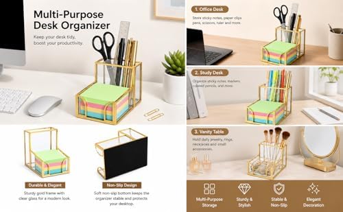 Feyarl Gold Glass Note Holder with Pen Pencil Cup 3x3 Inch Sticky Notes Desk Organizer Markers Pen Storage Desktop Accessory for Office Home Classroom - Image 7