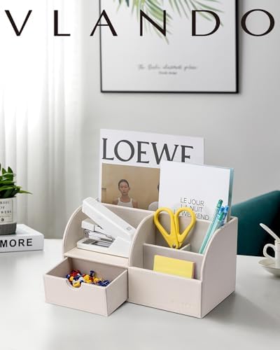 VLANDO Office Desk Organizer Leather Desktop Organizer Caddy with Drawer for Storing Desktop Supplies and Accessories (White) - Image 5