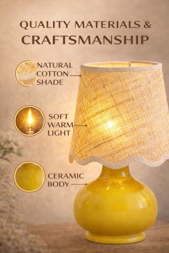 Benton Ceramic Table Lamp with Fabric Shade – 13" Bedside Accent Lamp for Bedroom, Living Room & Nightstand (Yellow) - Image 4