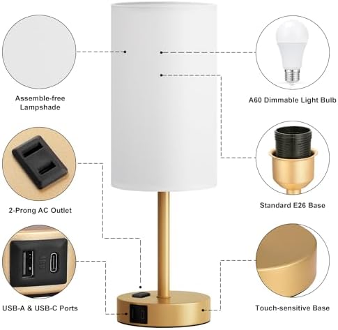 Fenmzee 17.4" Gold Lamp for Bedroom - Dimmable Touch, USB A+C, AC Outlet - Image 7