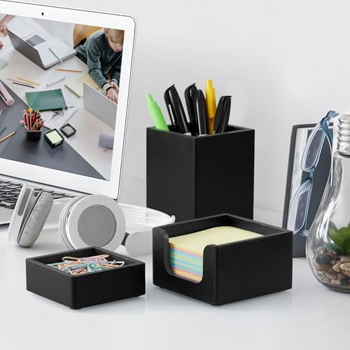 Black Desk Organizer Set of 3 - Wood Office Desk Accessories - Desk Organizers and Accessories for Women Men - Set incl. Pencil Pen Holder, Paperclip Storage and Sticky Note Holder - Image 6