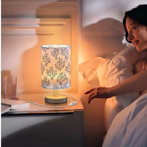 Coral Navy Blue and White Table Lamp for Bedroom USB Port Lamps Small Accent Table Lamp Nightstand Lamp Study Linen Shade with Wooden Base, Decorative Lamps for Bedside Reading|Kids|Dorm|Home - Image 7