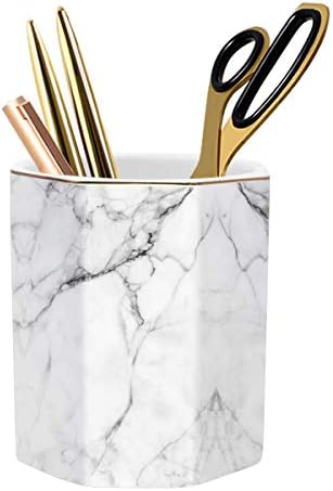 Pen Holder, Stand for Desk Pencil Cup for Girls Kids Durable Ceramic Desk Organizer Makeup Brush Holder for Office, Classroom, Home, White Marble by WAVEYU